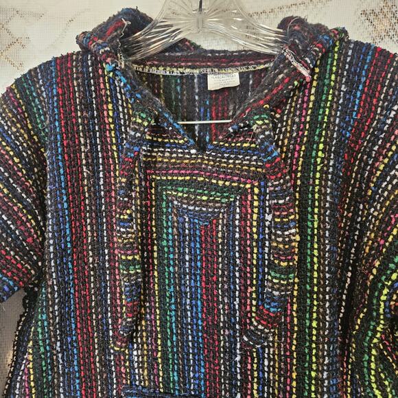 Acrylic Small Baja Rainbow Stripe Pullover Tunic Kangaroo Pocket Hippie Grunge - Picture 5 of 8